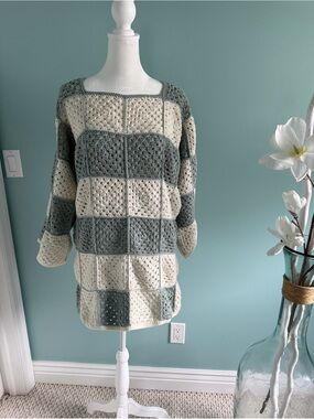 Crochet Patchwork Sweater in Blue and White. Handmade by me. Size medium/large